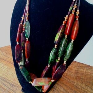 4 Strand Stone Necklace Coral Green Brown Gold Oblong Triangular Jewelry